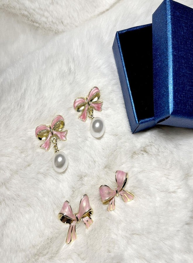PINCHUAN 2pairs Gold bow Earrings Small Classic bow Stud Earrings Gold Bow Knot Earrings Pearl Earring Pink earring Drop Christmas Earring for Women-2pairs pink/B - Image 4